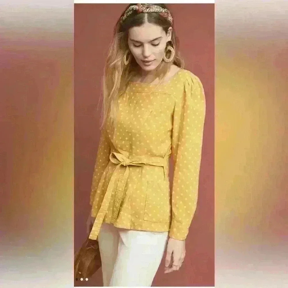 Maeve | Anthropologie Moana Linen Blend Button  Back Belted Blouse Size 2
